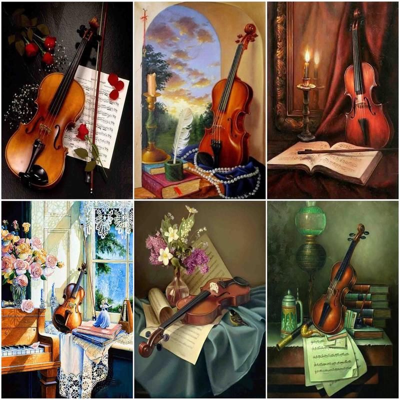 Musical Instrument In Drawing - Sayılarla Boyama Keman Çizimi, Tuval Üzerine